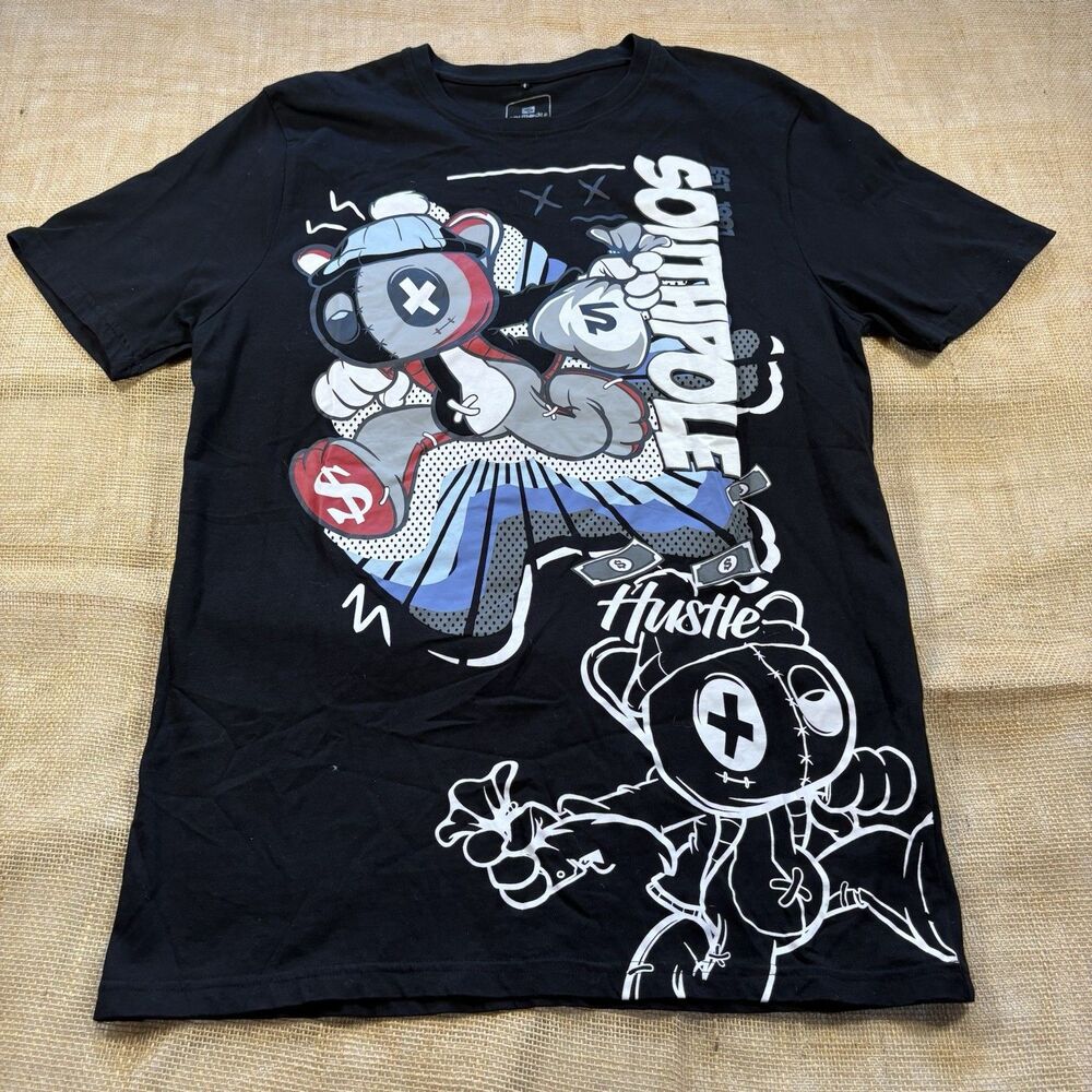 Southpole Men's "Hustle" Street Art Bear Black Cotton T-Shirt Size XL